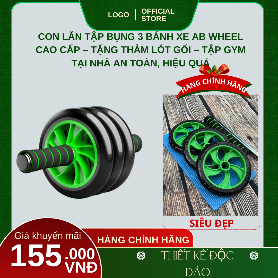 Con lăn tập bụng 3 bánh ab wheel cao cấp 