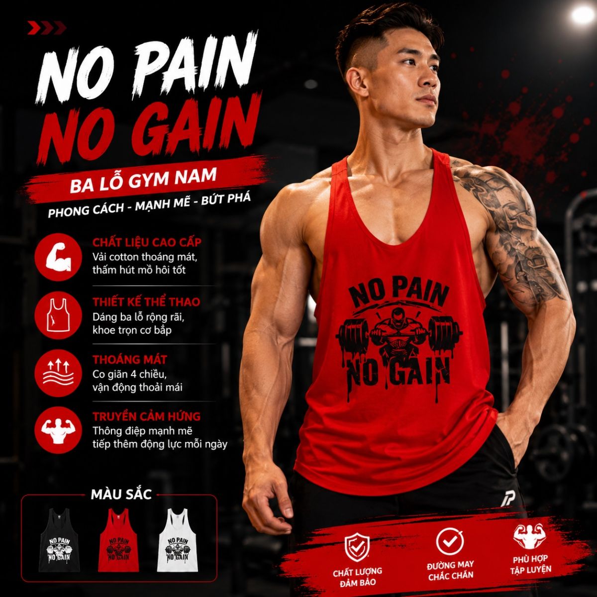 Ba lỗ gym nam Nopain Nogain