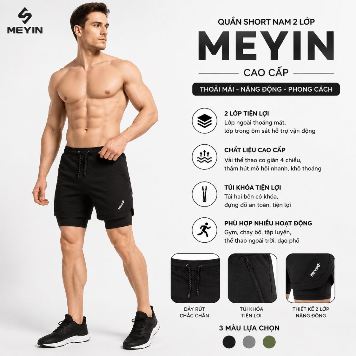 Quần Short nam MEYIN 2 Lớp