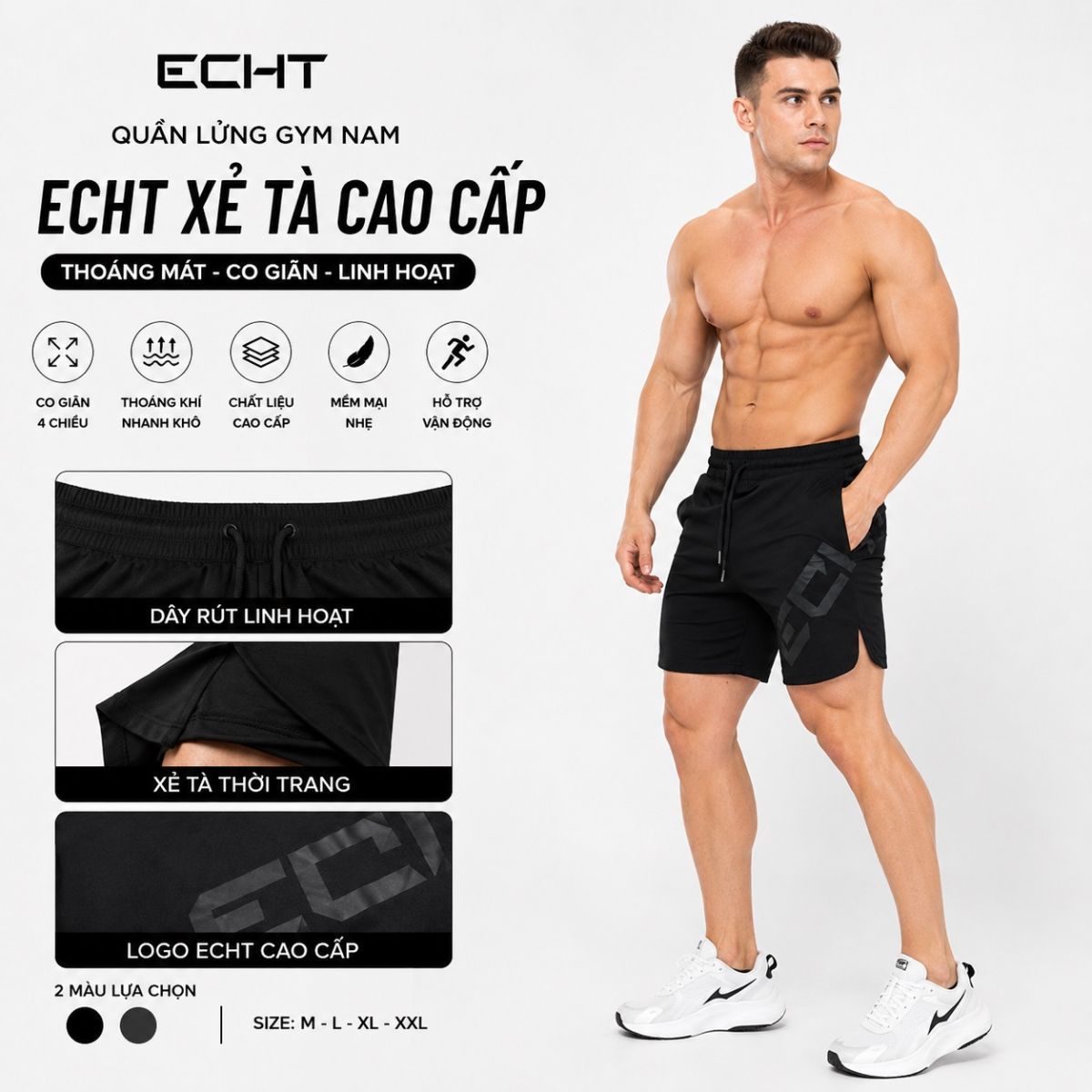 Quần lửng gym nam ECHT xẻ tà cao cấp