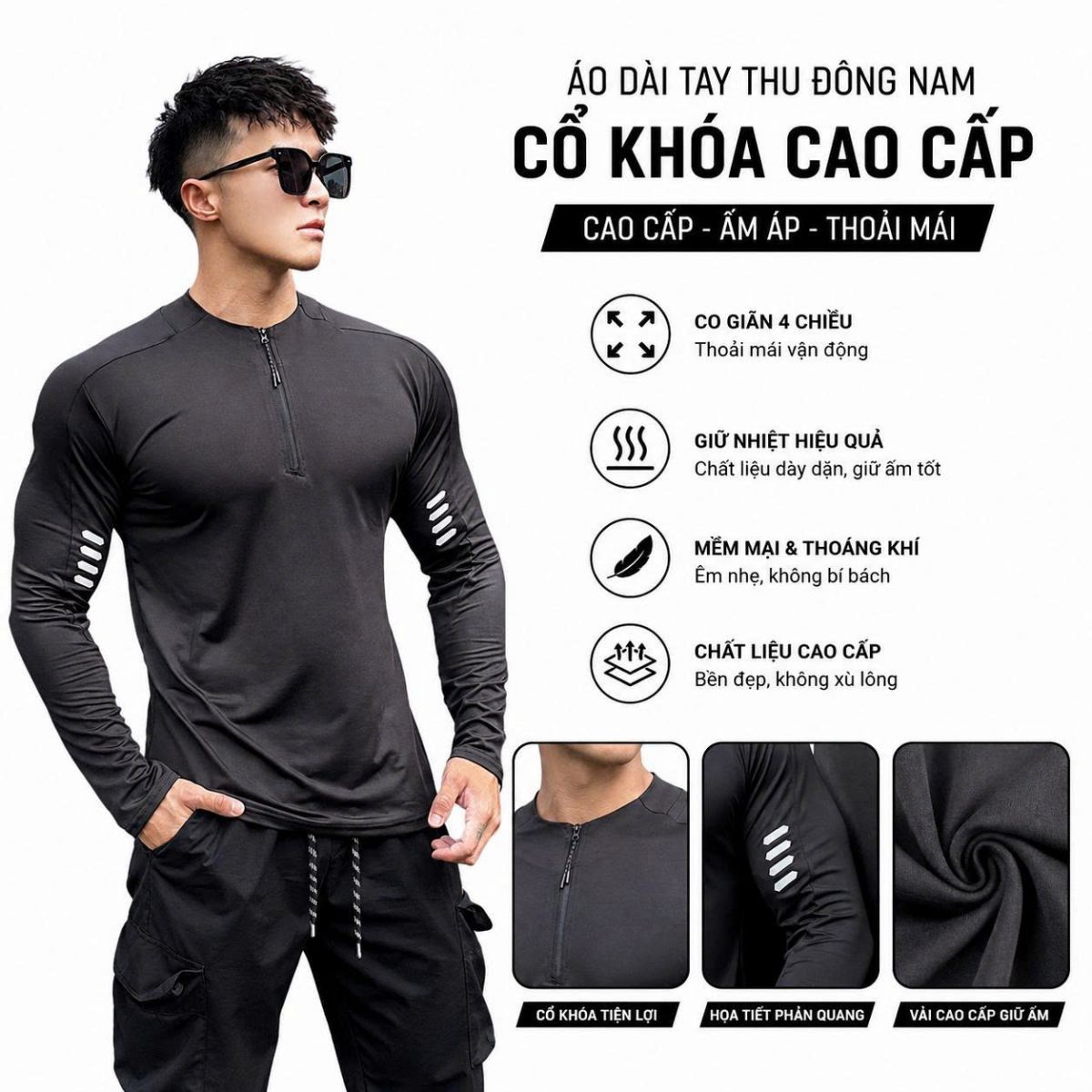 Áo dài tay thu đông nam cổ khóa cao cấp