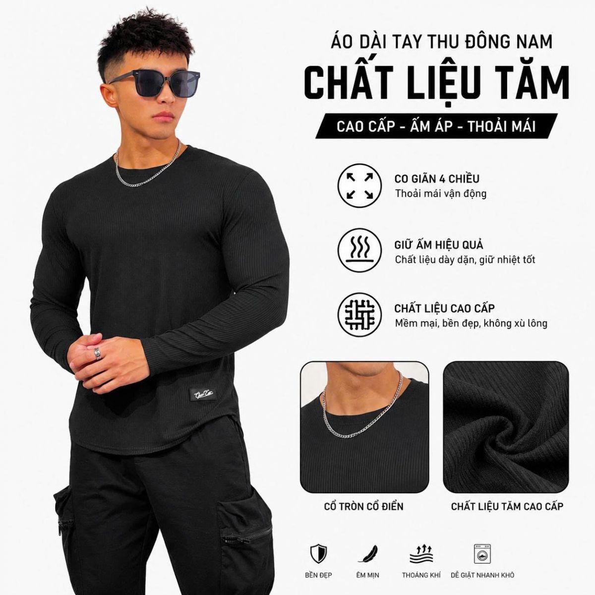 Áo dài tay thu đông nam chất liệu tăm