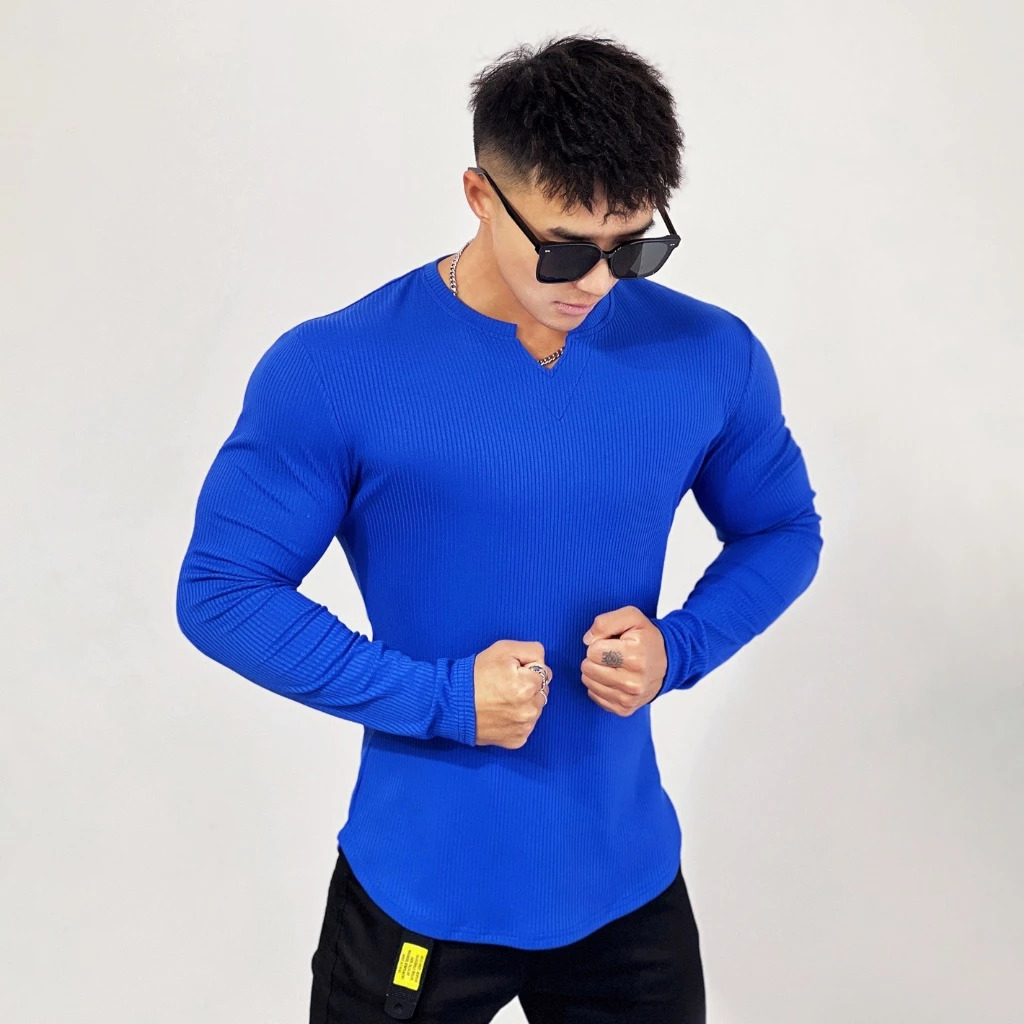 Áo dài tay gym nam thu đông tăm cổ tim