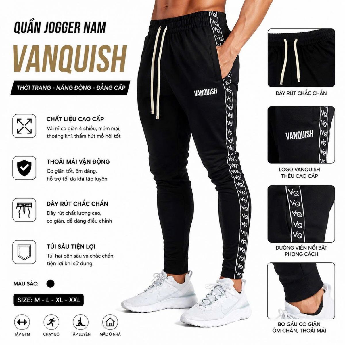 Quần Jogger gym nam Vanquish chữ nhập