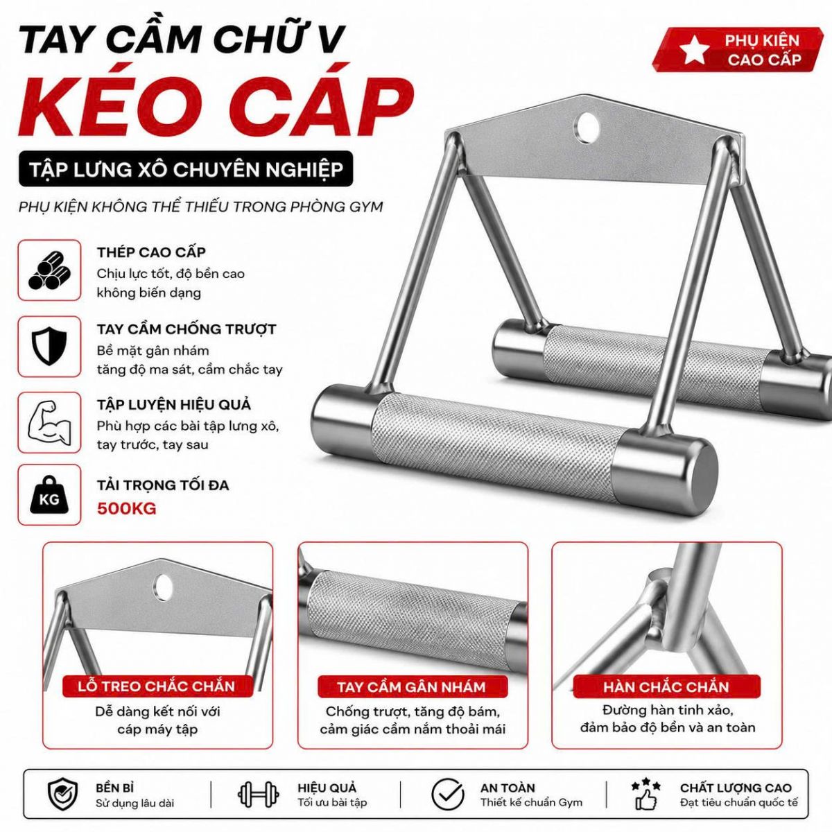 Tay cầm chữ v kéo cáp tập lưng xô