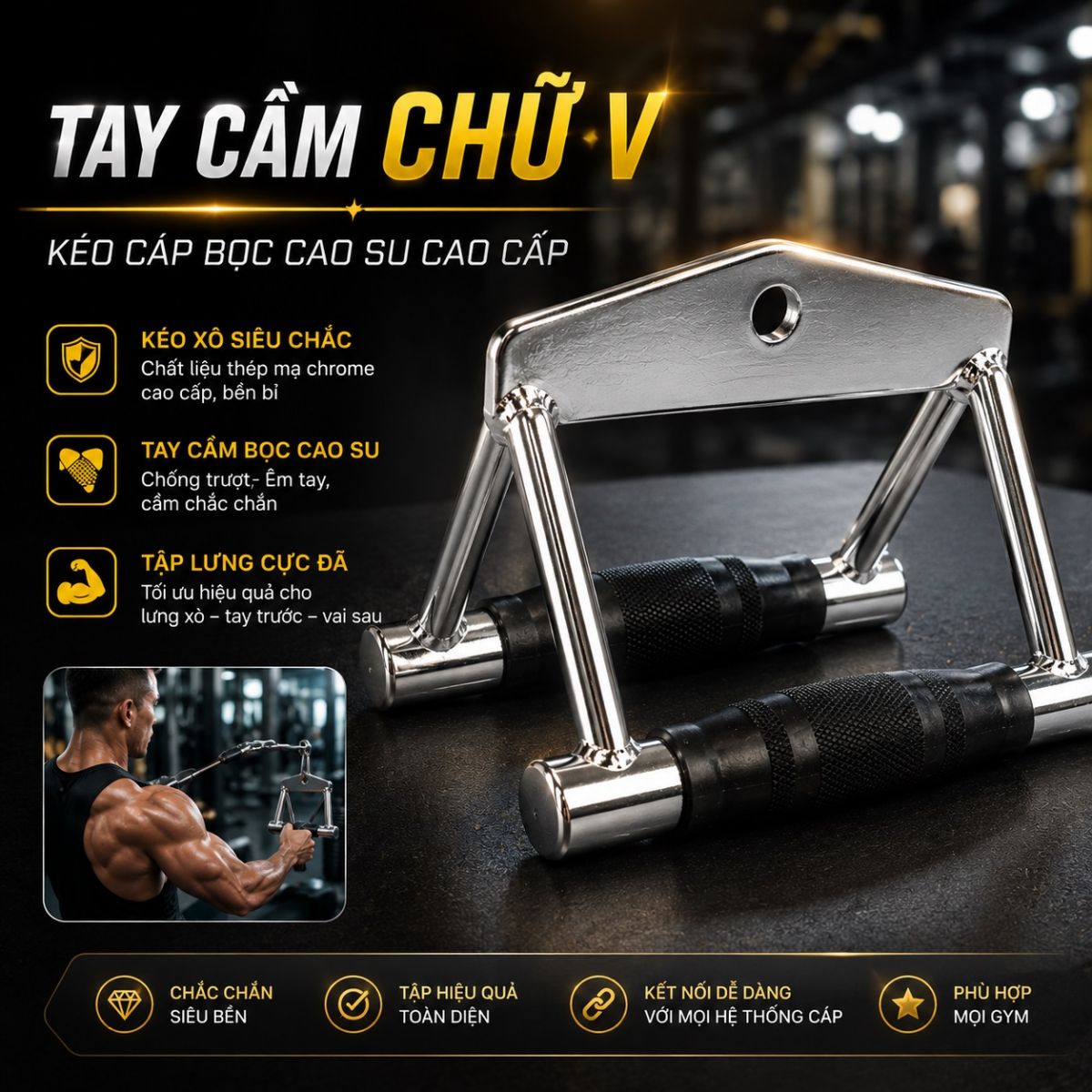 Tay cầm chữ v kéo cáp tập lưng xô bọc cao su