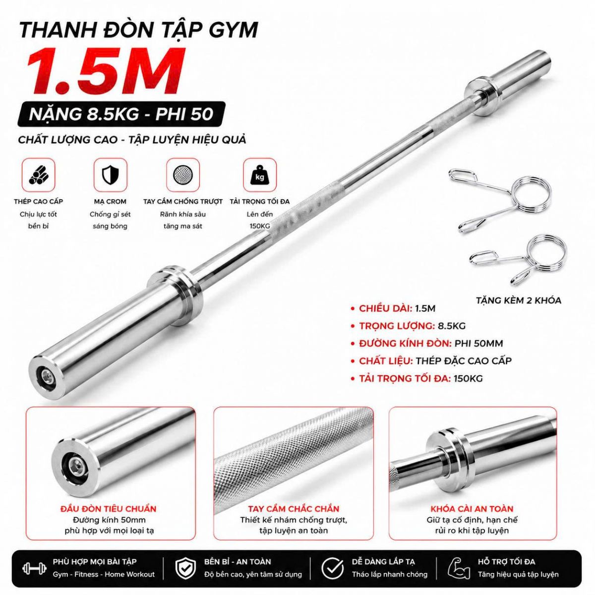 Đòn tạ mạ crom olympic ziczac 1.5m